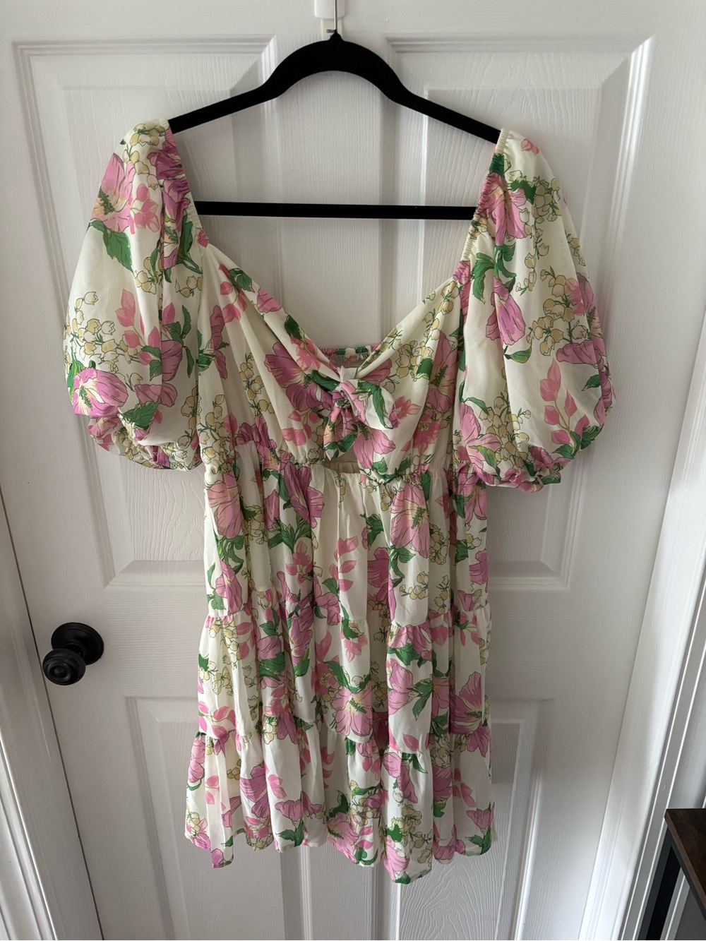 Floral Puff Sleeve Mini Dress - Pink & Green on Cream (worn once)